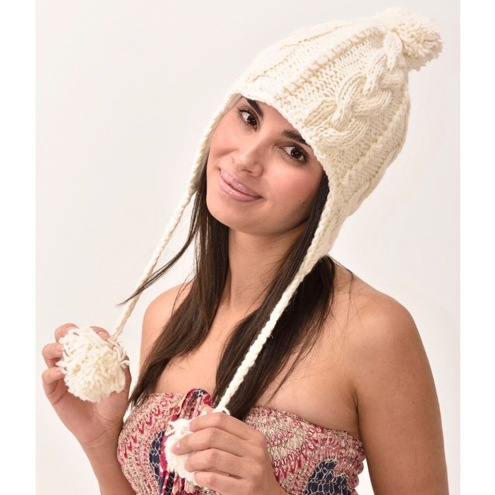 Cable Knit Ear Flap Hat with Pom Pom